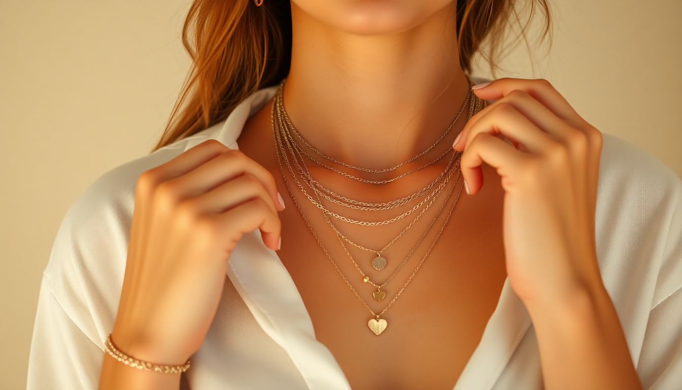 Bijoux superposés avec élégance : collier, bracelet et bague en or.