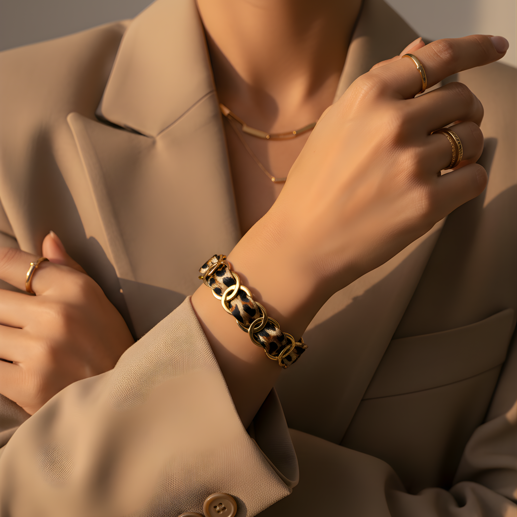 Bracelet Tigresse en Tissu Imprimé en  Acier Inoxydable