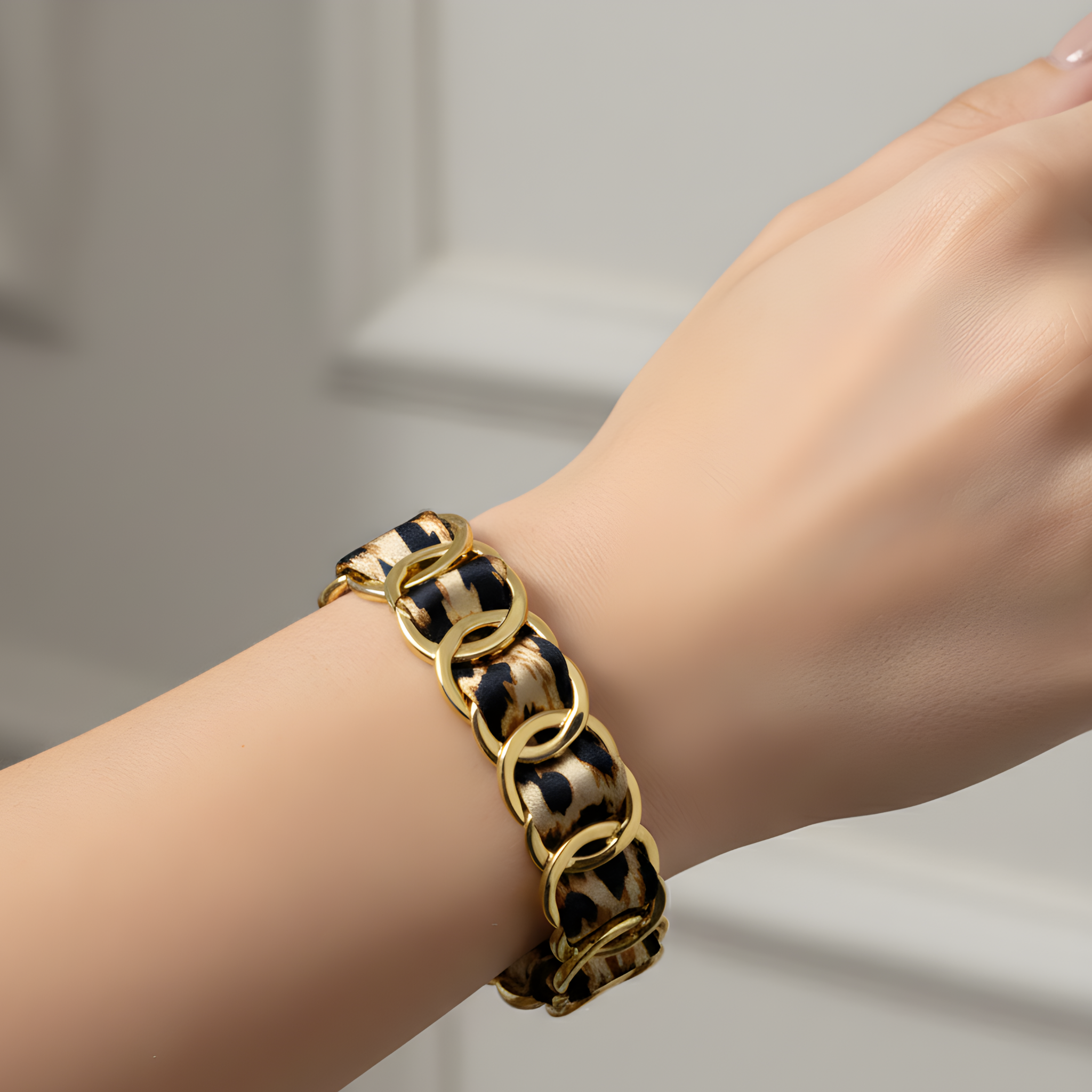 Bracelet Tigresse en Tissu Imprimé en  Acier Inoxydable