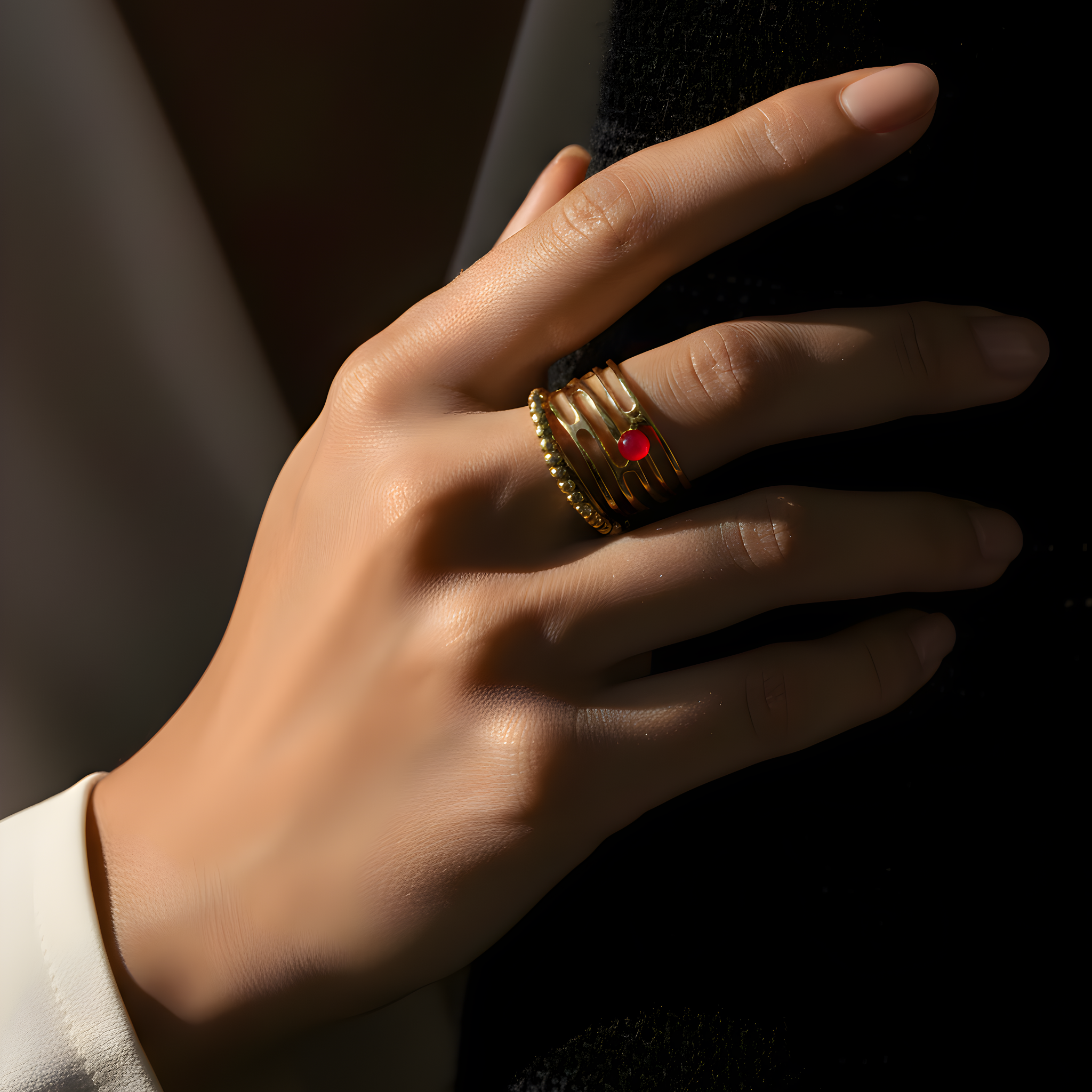  Bague dorée ajourée pierre rouge