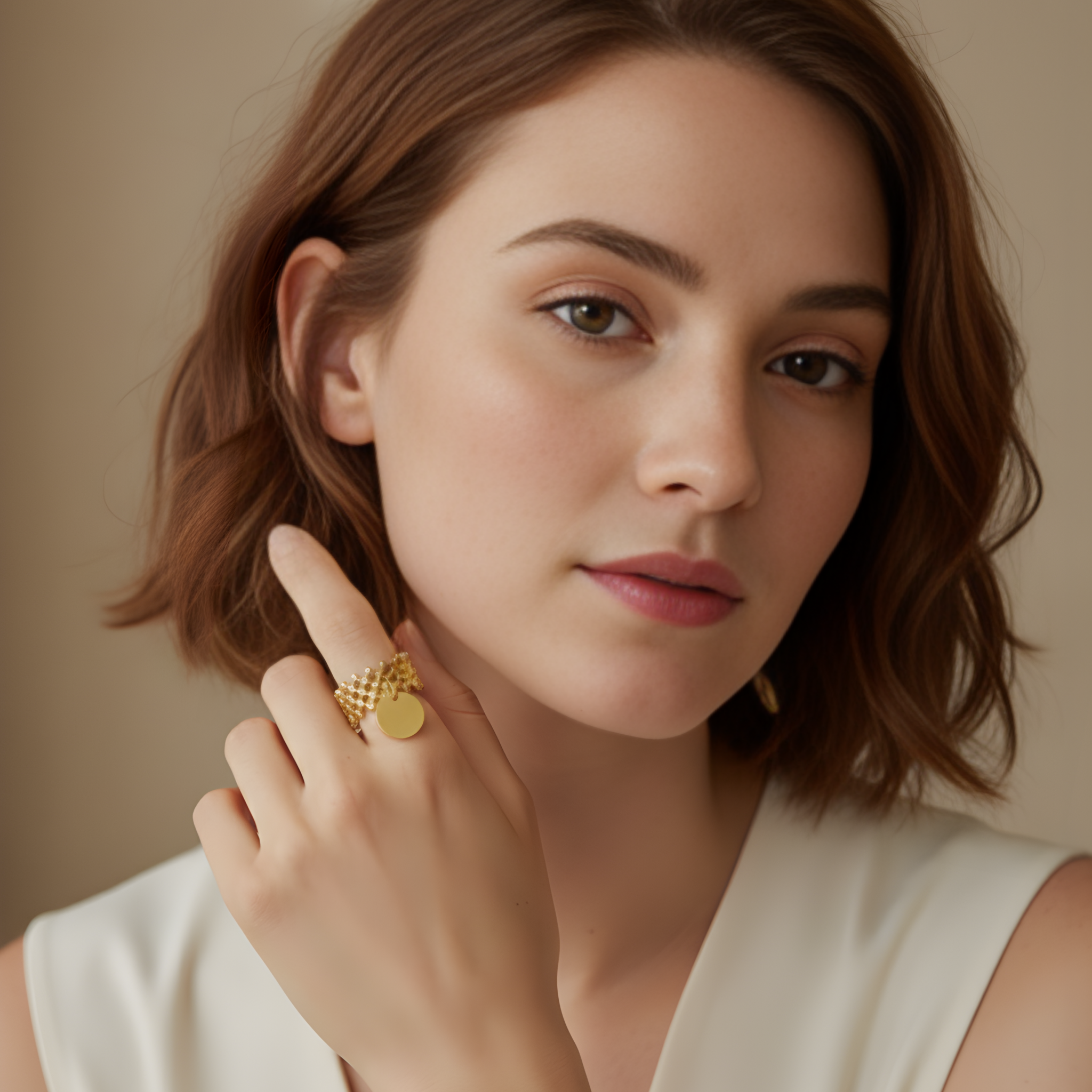 Bague dorée design avec pendentif