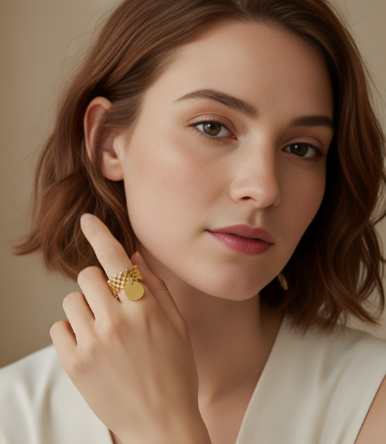 Bague dorée design avec pendentif