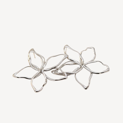 Boucles d’oreilles fleurs argentées ajourées effet miroir.