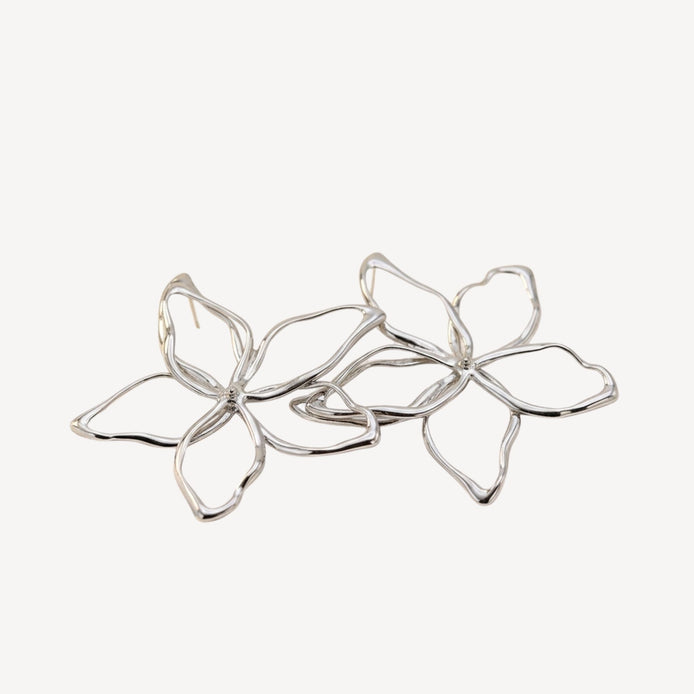 Boucles d’oreilles fleurs argentées ajourées effet miroir.