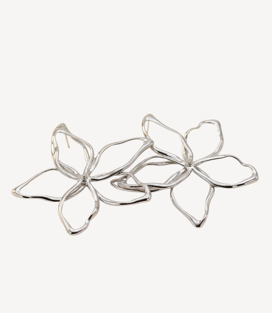 Boucles d’oreilles fleurs argentées ajourées effet miroir.