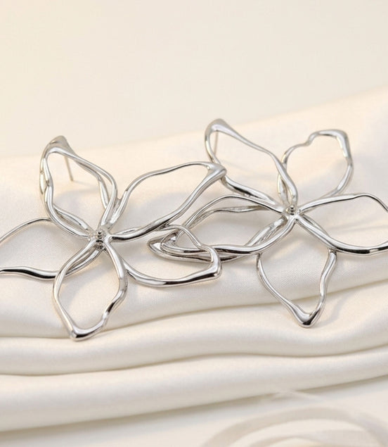 Boucles d’oreilles fleurs argentées ajourées effet miroir.