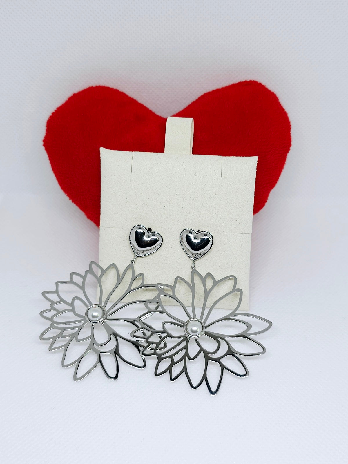 Boucles d'oreilles cœur et fleur acier