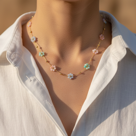 Collier fleurs perles multicolores doré