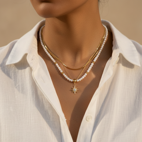 Collier doré soleil perles blanches