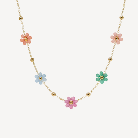 Collier fleurs perles multicolores doré