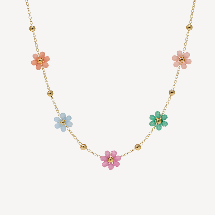 Collier fleurs perles multicolores doré