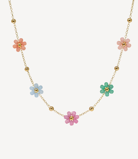 Collier fleurs perles multicolores doré