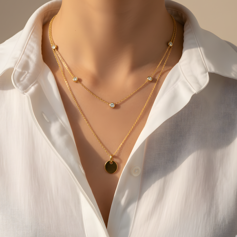 Collier doré multi-rangs avec cristaux et médaillon noir