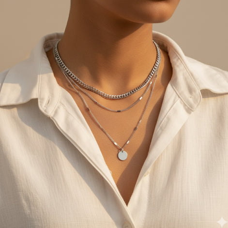 Superposition de chaînes argentées élégantes sur présentoir blanc