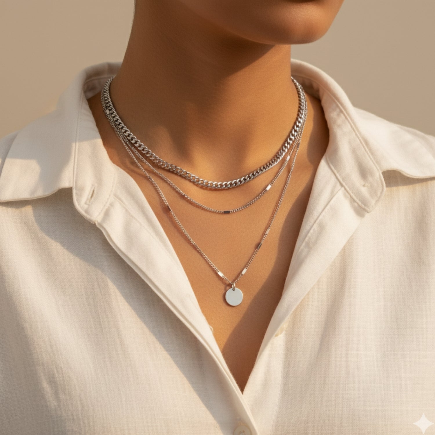 Superposition de chaînes argentées élégantes sur présentoir blanc