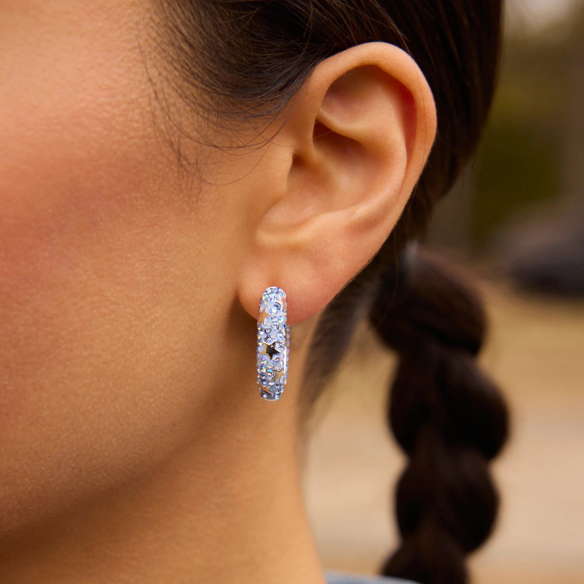 Denim Star Studded Medium Sparkle Hoop Earrings