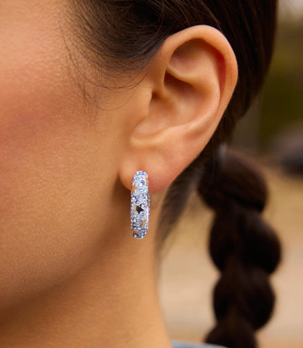 Denim Star Studded Medium Sparkle Hoop Earrings