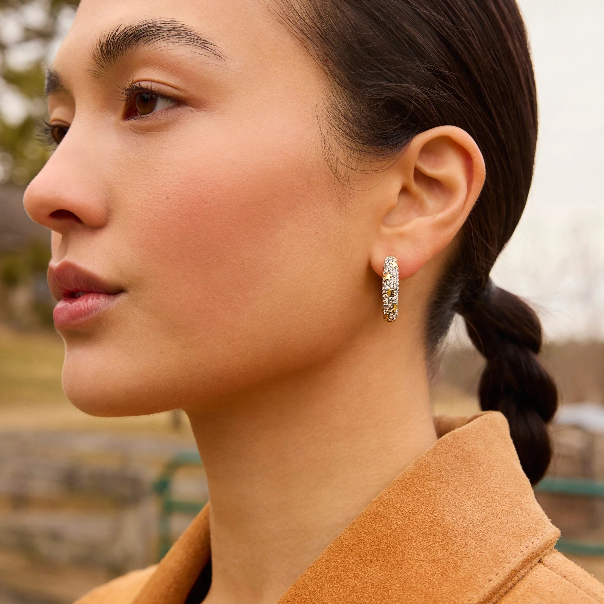 Silver Shade Star Studded Medium Sparkle Hoop Earrings